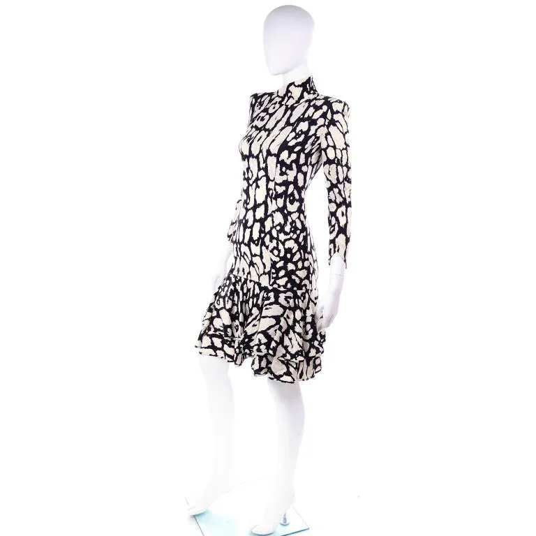 1980s Valentino Black & White Silk Abstract Print Ruffled Vintage Dress