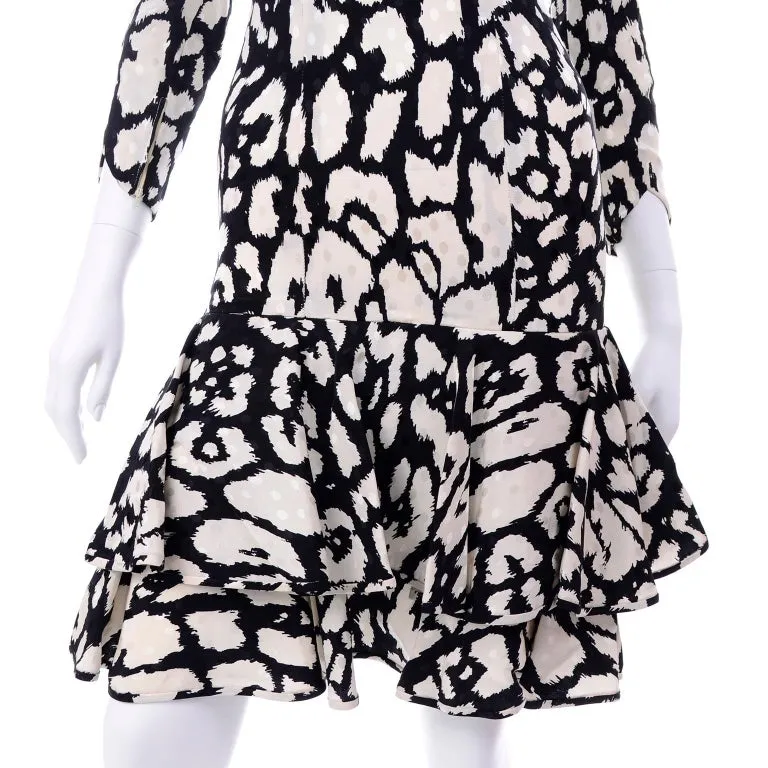 1980s Valentino Black & White Silk Abstract Print Ruffled Vintage Dress