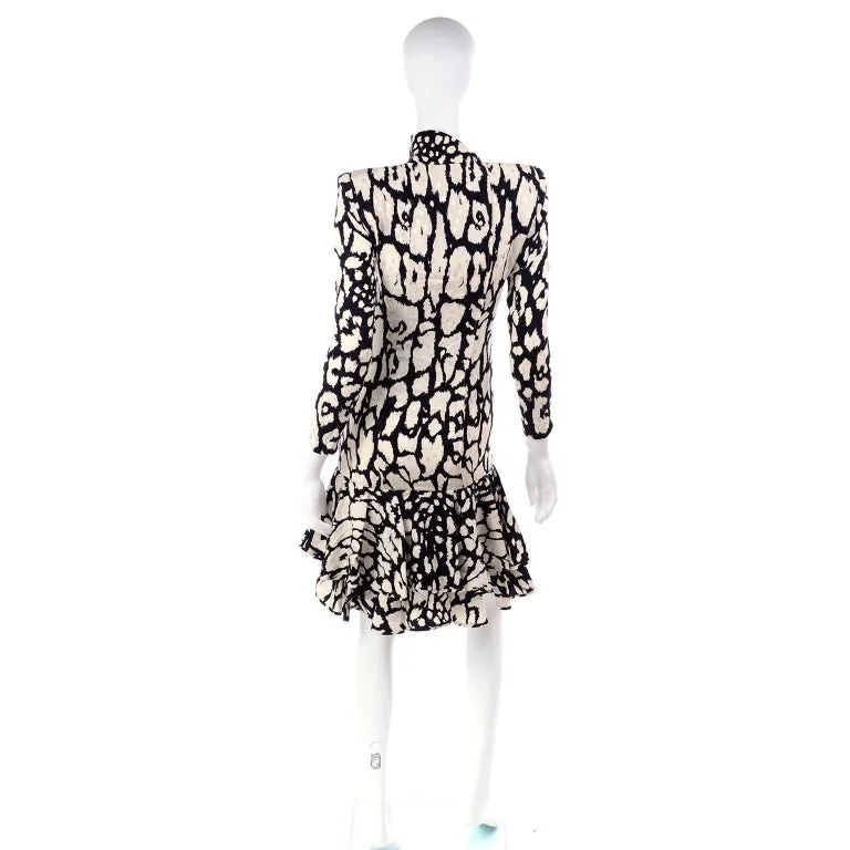 1980s Valentino Black & White Silk Abstract Print Ruffled Vintage Dress