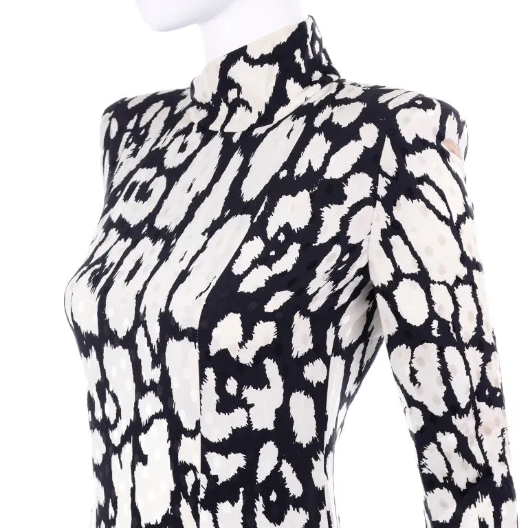 1980s Valentino Black & White Silk Abstract Print Ruffled Vintage Dress