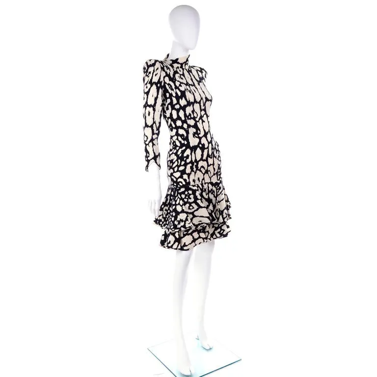 1980s Valentino Black & White Silk Abstract Print Ruffled Vintage Dress