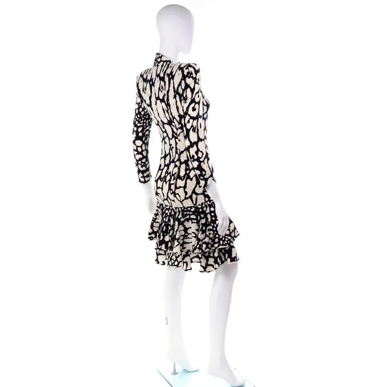 1980s Valentino Black & White Silk Abstract Print Ruffled Vintage Dress