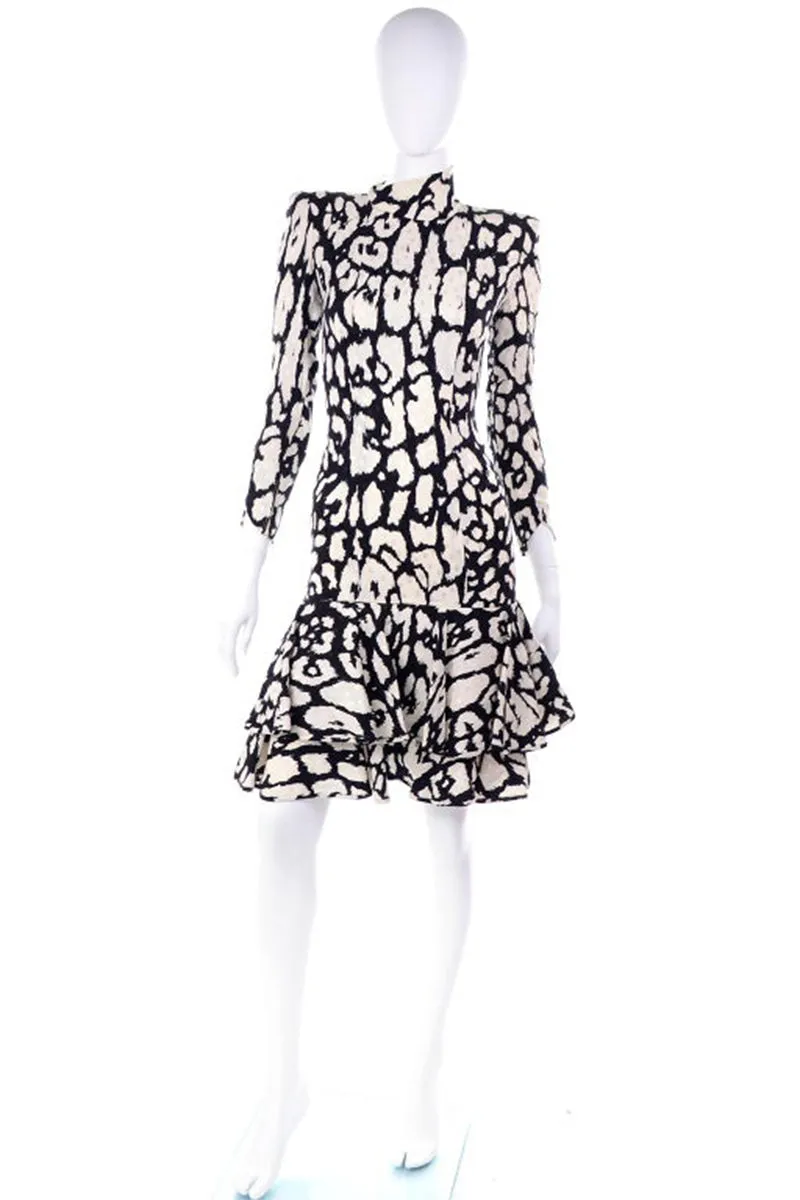 1980s Valentino Black & White Silk Abstract Print Ruffled Vintage Dress