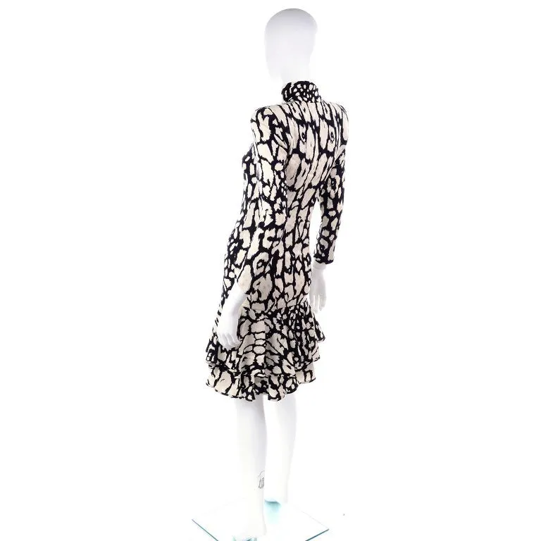 1980s Valentino Black & White Silk Abstract Print Ruffled Vintage Dress