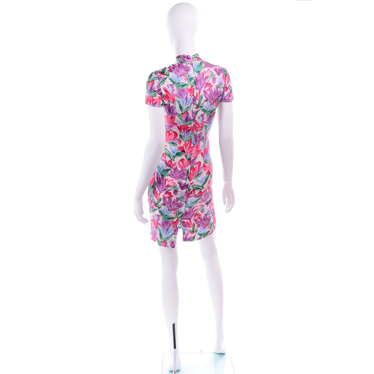 2000s Yves Saint Laurent Tulip Print Silk Sheath Dress w/ Mock Turtleneck