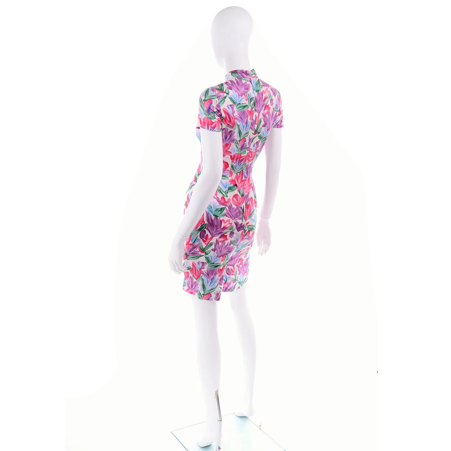 2000s Yves Saint Laurent Tulip Print Silk Sheath Dress w/ Mock Turtleneck