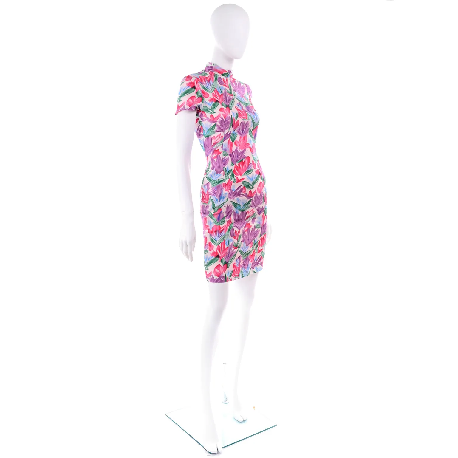 2000s Yves Saint Laurent Tulip Print Silk Sheath Dress w/ Mock Turtleneck