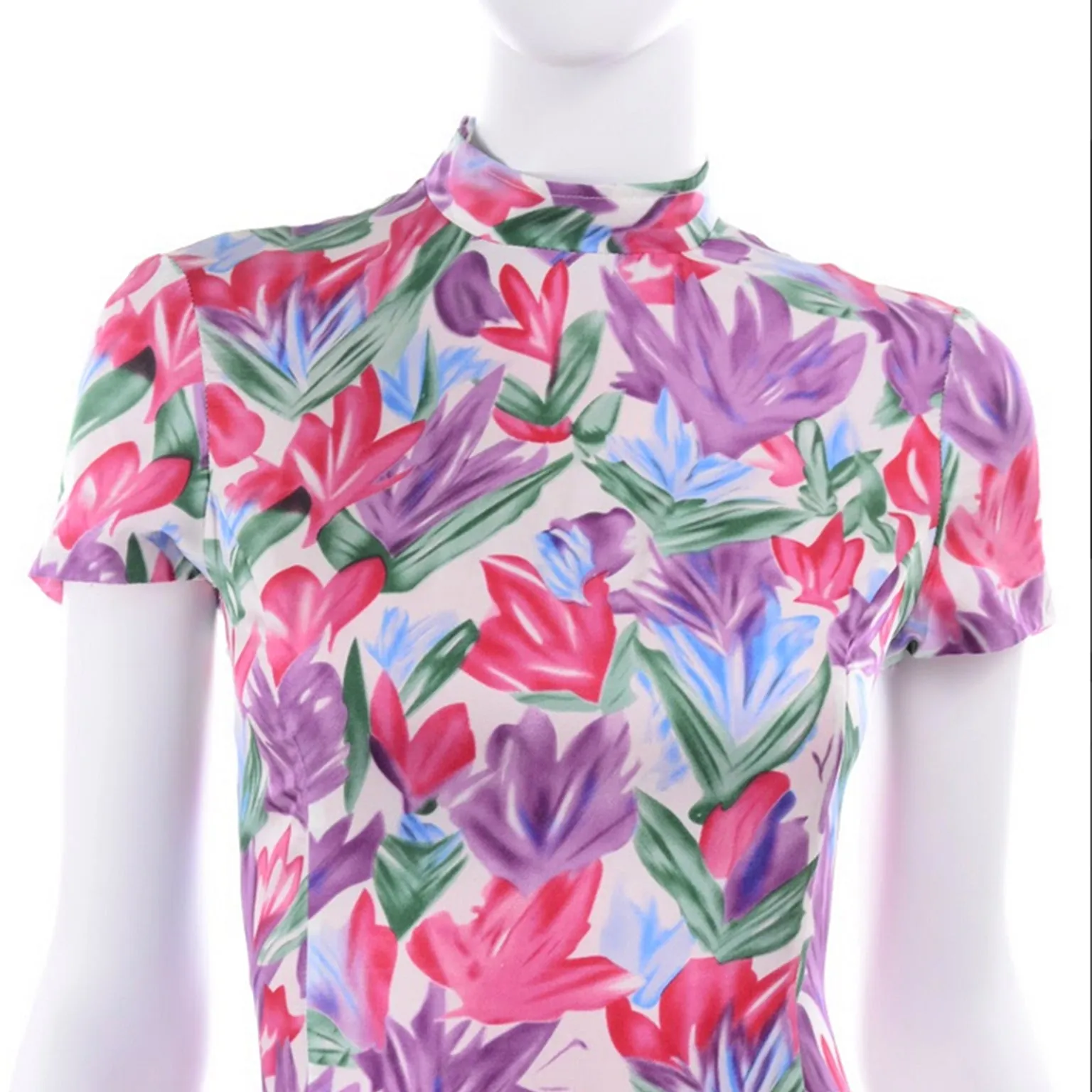 2000s Yves Saint Laurent Tulip Print Silk Sheath Dress w/ Mock Turtleneck
