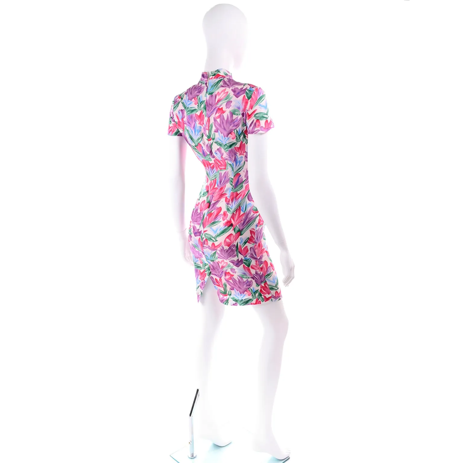 2000s Yves Saint Laurent Tulip Print Silk Sheath Dress w/ Mock Turtleneck