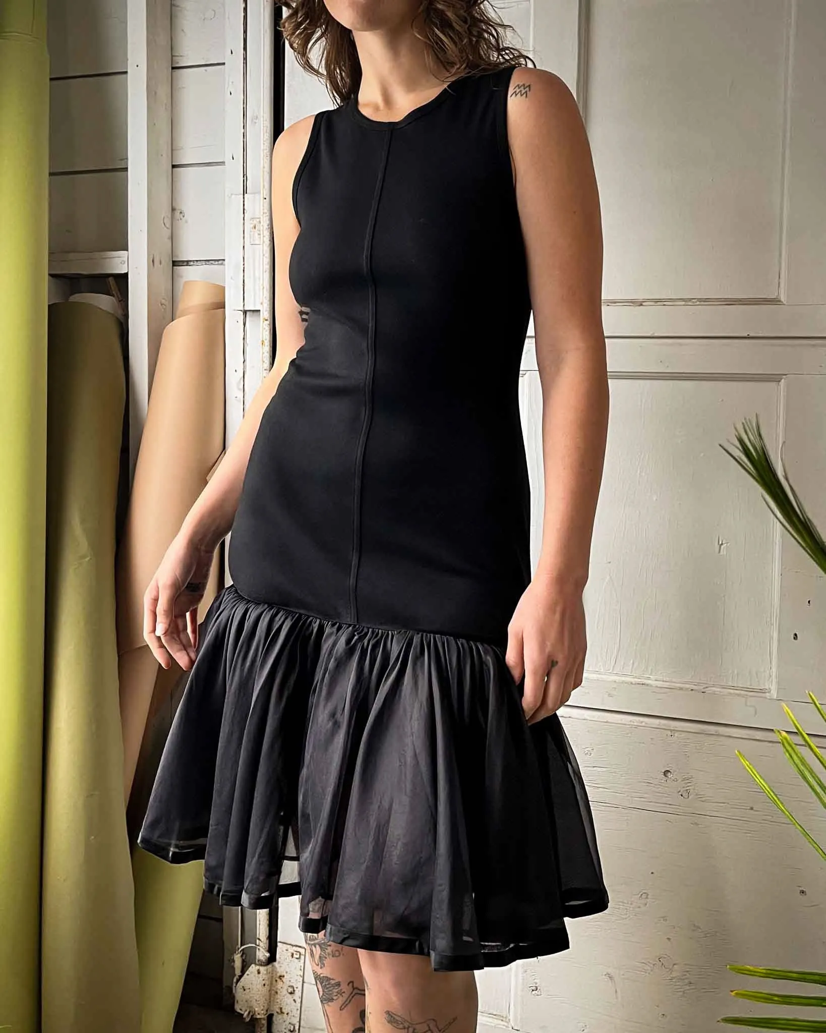 90s Black Ruffle Tank Dress | M