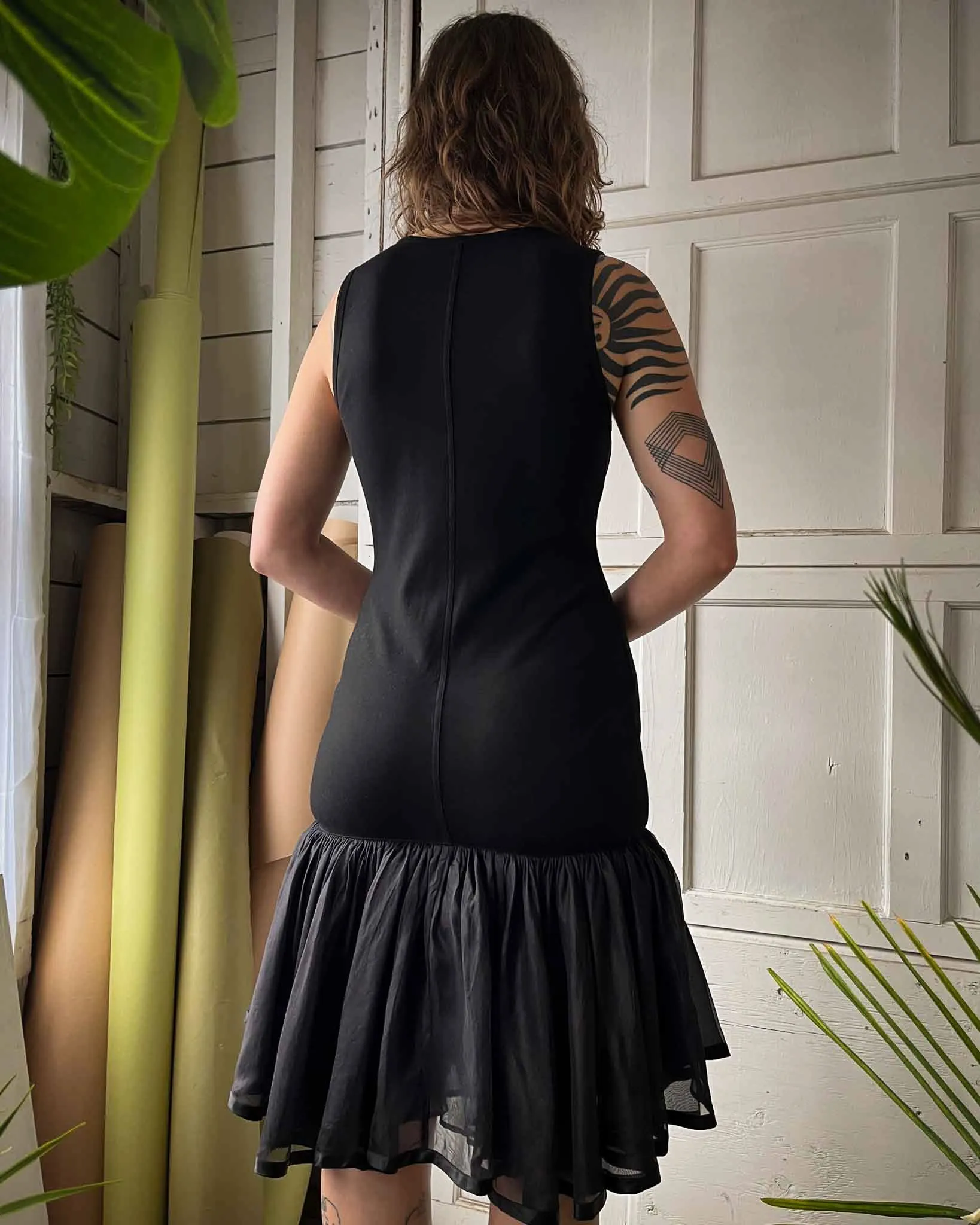 90s Black Ruffle Tank Dress | M