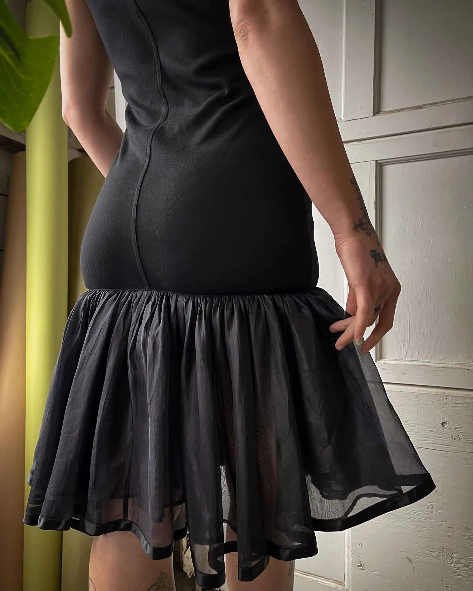 90s Black Ruffle Tank Dress | M