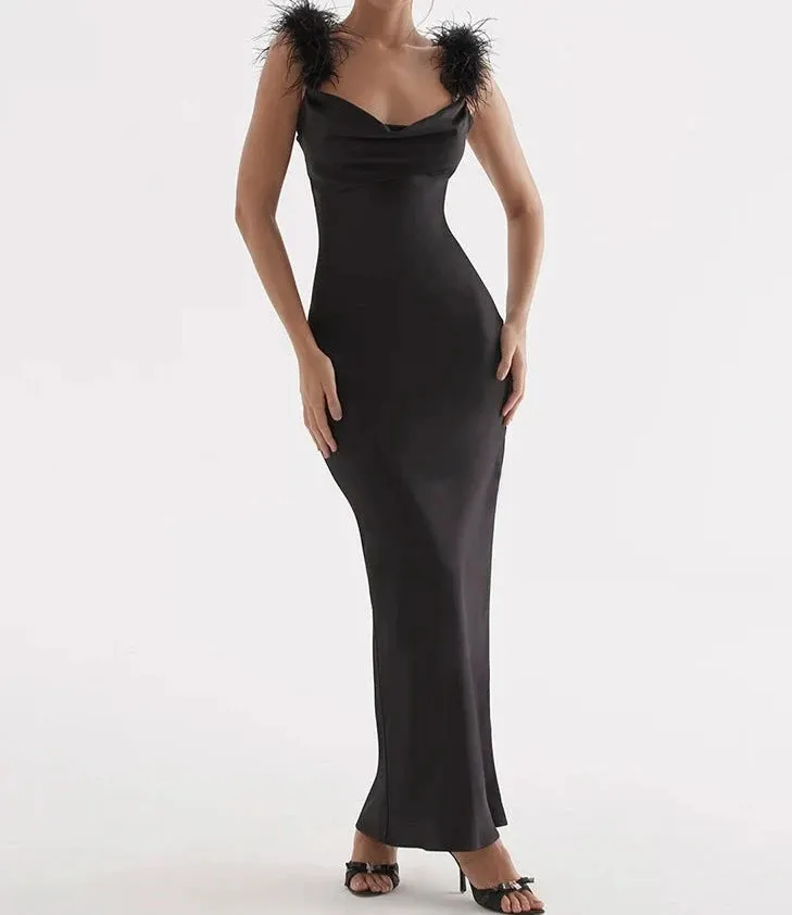 A&A Feather Spaghetti Strap Satin Maxi Dress