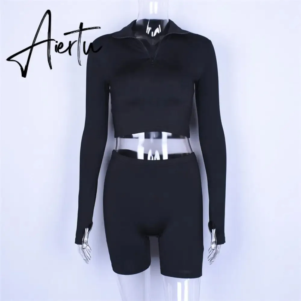 Aiertu  Long Sleeve Zipper High Neck Elastic Sexy Crop Tops Shorts 2-Pieces Summer Autumn Women Fashion Casual Sports Sets