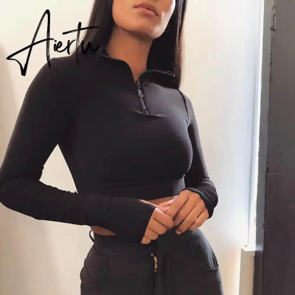 Aiertu  Long Sleeve Zipper High Neck Elastic Sexy Crop Tops Shorts 2-Pieces Summer Autumn Women Fashion Casual Sports Sets