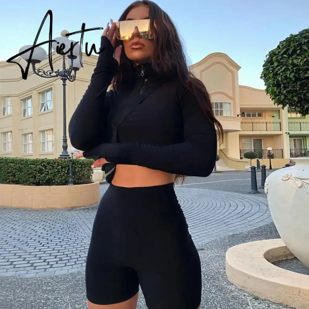 Aiertu  Long Sleeve Zipper High Neck Elastic Sexy Crop Tops Shorts 2-Pieces Summer Autumn Women Fashion Casual Sports Sets