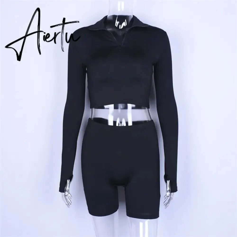 Aiertu  Long Sleeve Zipper High Neck Elastic Sexy Crop Tops Shorts 2-Pieces Summer Autumn Women Fashion Casual Sports Sets