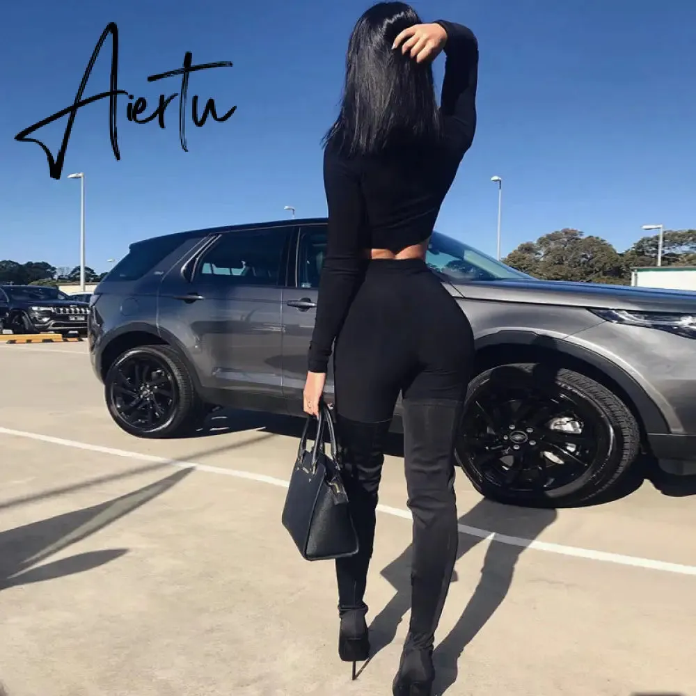 Aiertu  Long Sleeve Zipper High Neck Elastic Sexy Crop Tops Shorts 2-Pieces Summer Autumn Women Fashion Casual Sports Sets