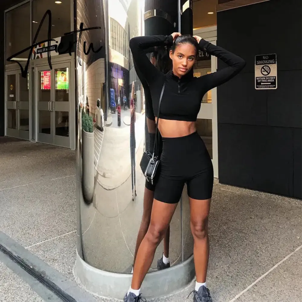 Aiertu  Long Sleeve Zipper High Neck Elastic Sexy Crop Tops Shorts 2-Pieces Summer Autumn Women Fashion Casual Sports Sets
