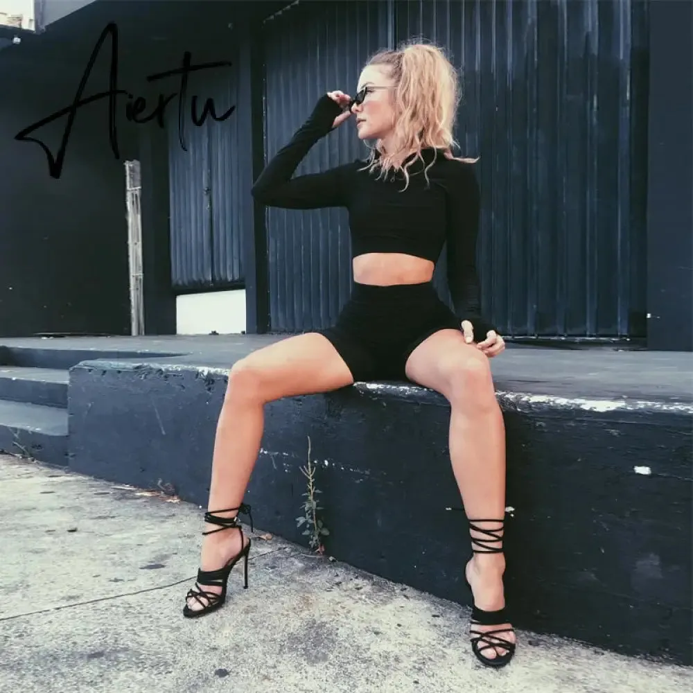 Aiertu  Long Sleeve Zipper High Neck Elastic Sexy Crop Tops Shorts 2-Pieces Summer Autumn Women Fashion Casual Sports Sets