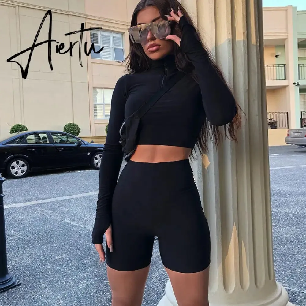 Aiertu  Long Sleeve Zipper High Neck Elastic Sexy Crop Tops Shorts 2-Pieces Summer Autumn Women Fashion Casual Sports Sets