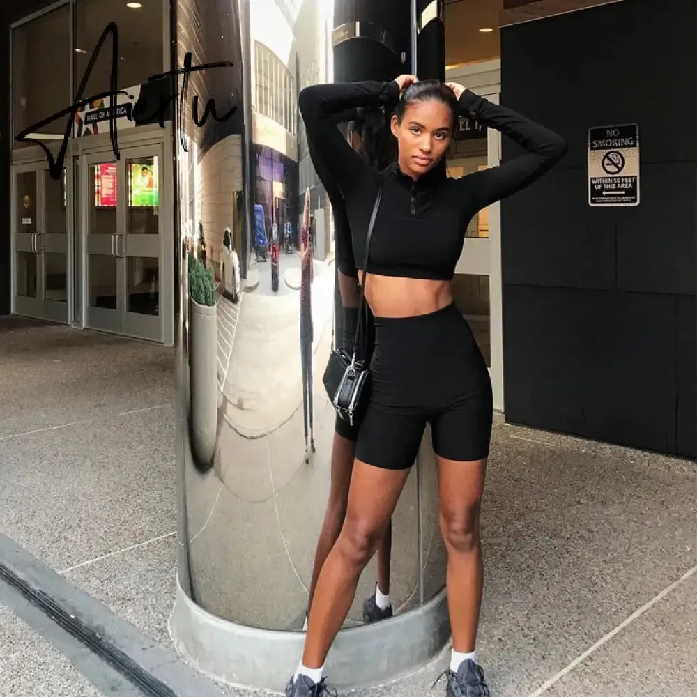 Aiertu  Long Sleeve Zipper High Neck Elastic Sexy Crop Tops Shorts 2-Pieces Summer Autumn Women Fashion Casual Sports Sets