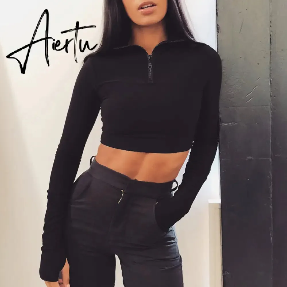 Aiertu  Long Sleeve Zipper High Neck Elastic Sexy Crop Tops Shorts 2-Pieces Summer Autumn Women Fashion Casual Sports Sets