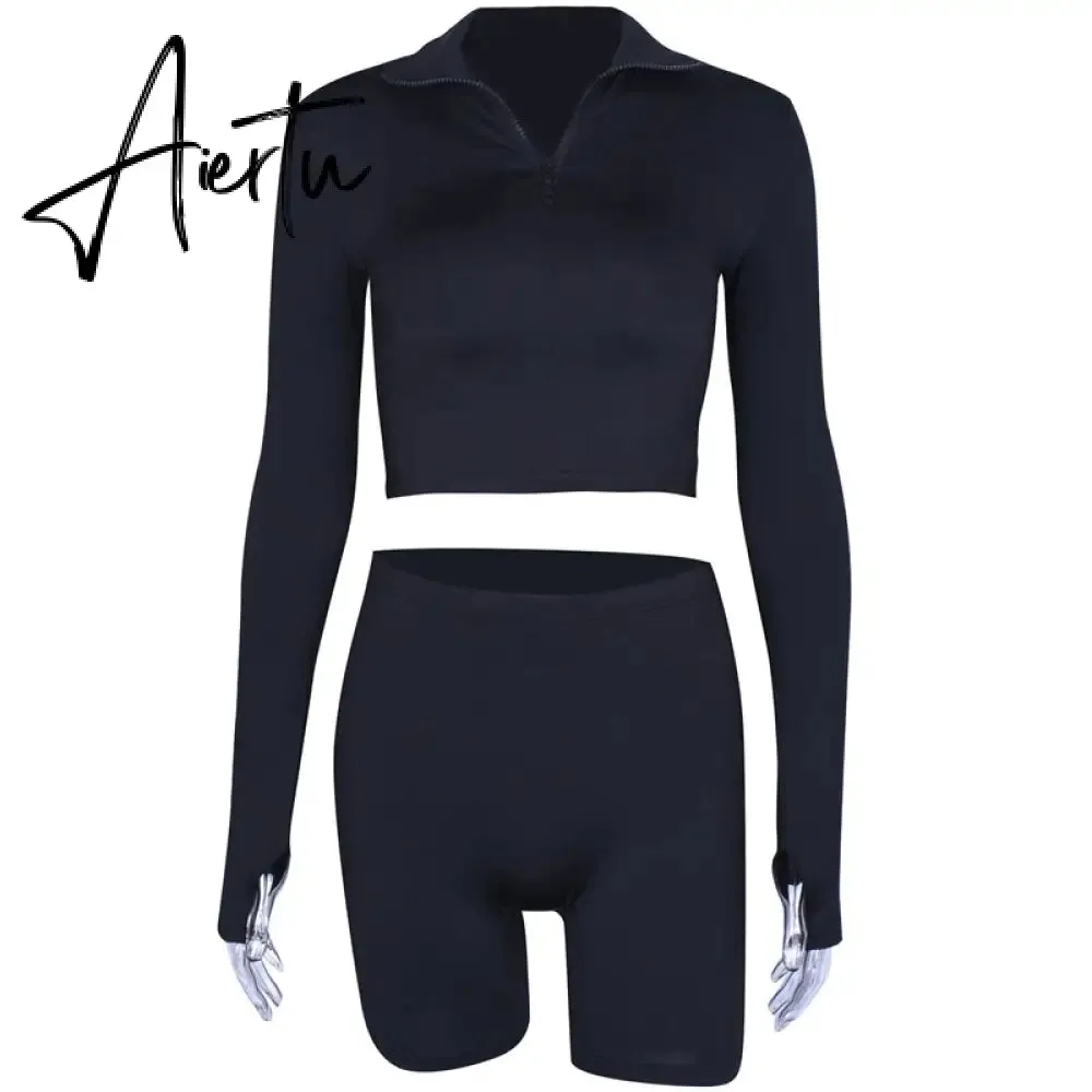 Aiertu  Long Sleeve Zipper High Neck Elastic Sexy Crop Tops Shorts 2-Pieces Summer Autumn Women Fashion Casual Sports Sets