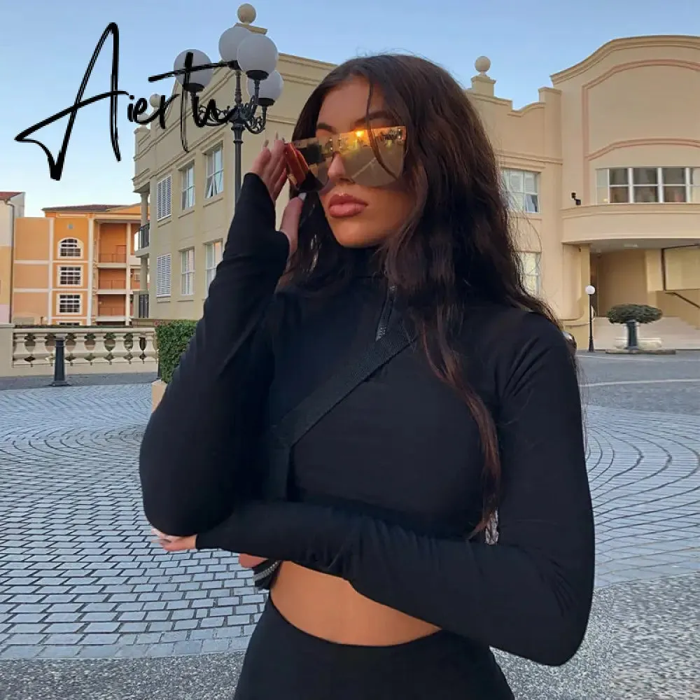 Aiertu  Long Sleeve Zipper High Neck Elastic Sexy Crop Tops Shorts 2-Pieces Summer Autumn Women Fashion Casual Sports Sets