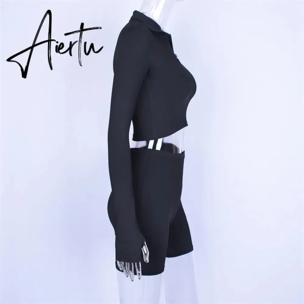 Aiertu  Long Sleeve Zipper High Neck Elastic Sexy Crop Tops Shorts 2-Pieces Summer Autumn Women Fashion Casual Sports Sets
