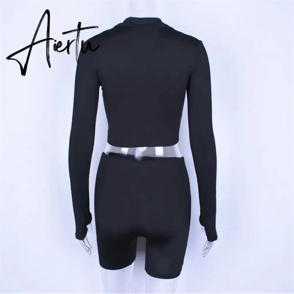 Aiertu  Long Sleeve Zipper High Neck Elastic Sexy Crop Tops Shorts 2-Pieces Summer Autumn Women Fashion Casual Sports Sets