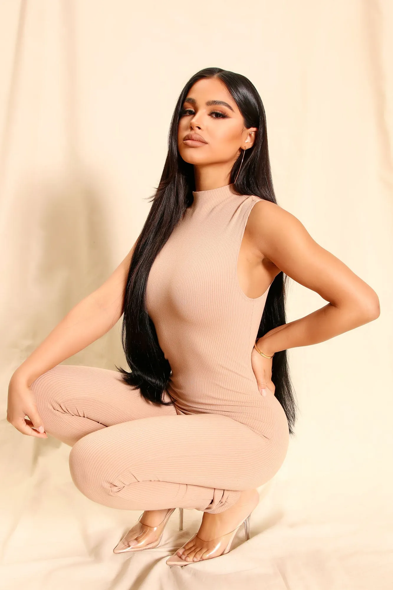 Amber Snatched Jumpsuit - Beige