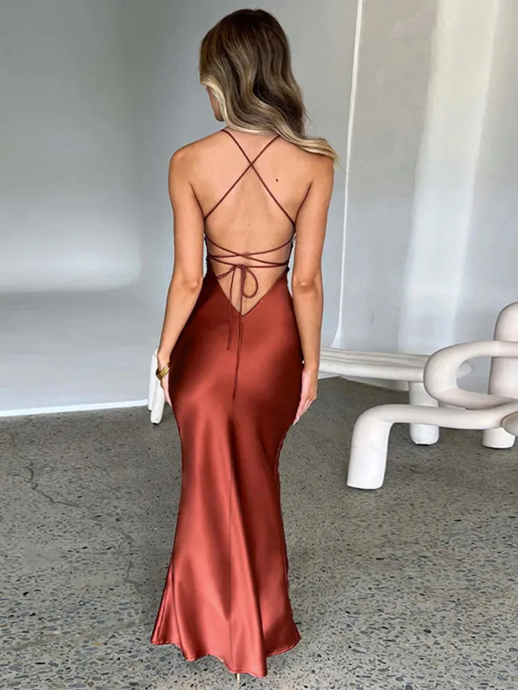 Amozae Satin Backless Maxi Dress For Women 2022 Autumn New Spaghetti Strap Sleeveless Bodycon Long Dress Vestido Clubwear