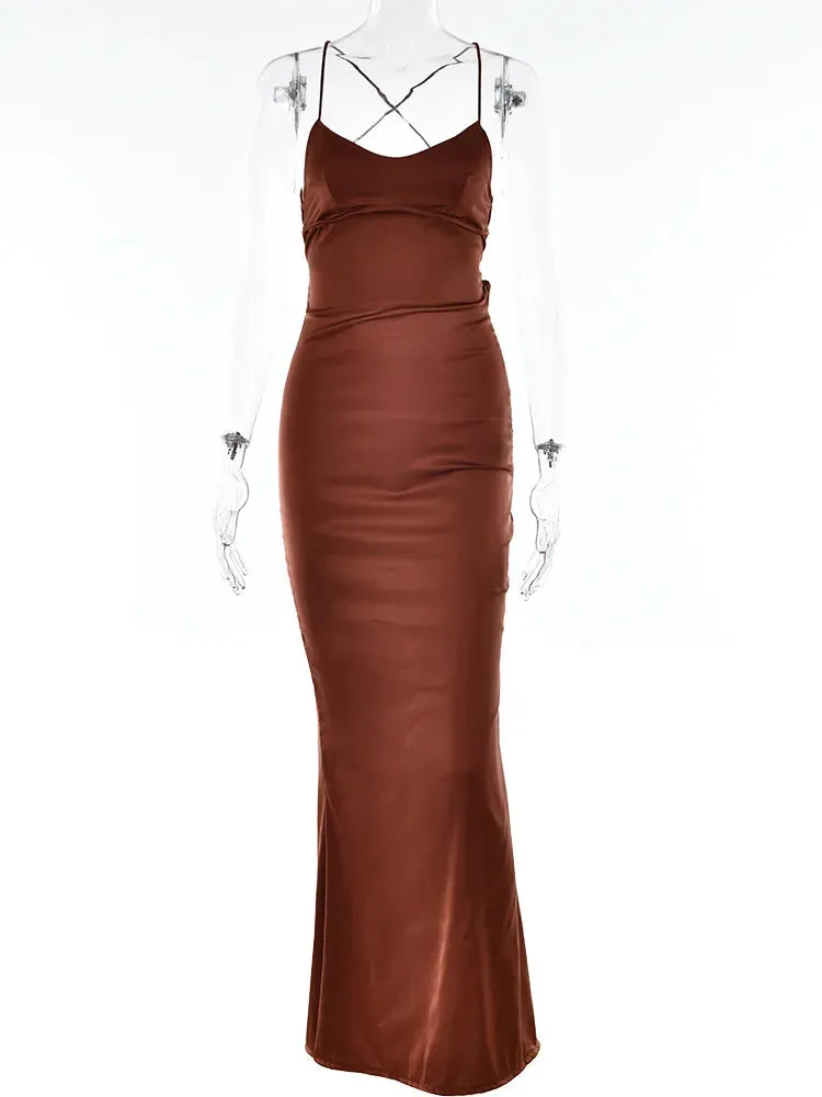 Amozae Satin Backless Maxi Dress For Women 2022 Autumn New Spaghetti Strap Sleeveless Bodycon Long Dress Vestido Clubwear