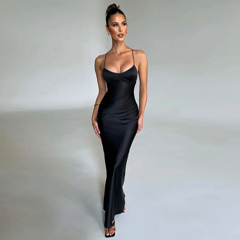 Amozae Satin Backless Maxi Dress For Women 2022 Autumn New Spaghetti Strap Sleeveless Bodycon Long Dress Vestido Clubwear