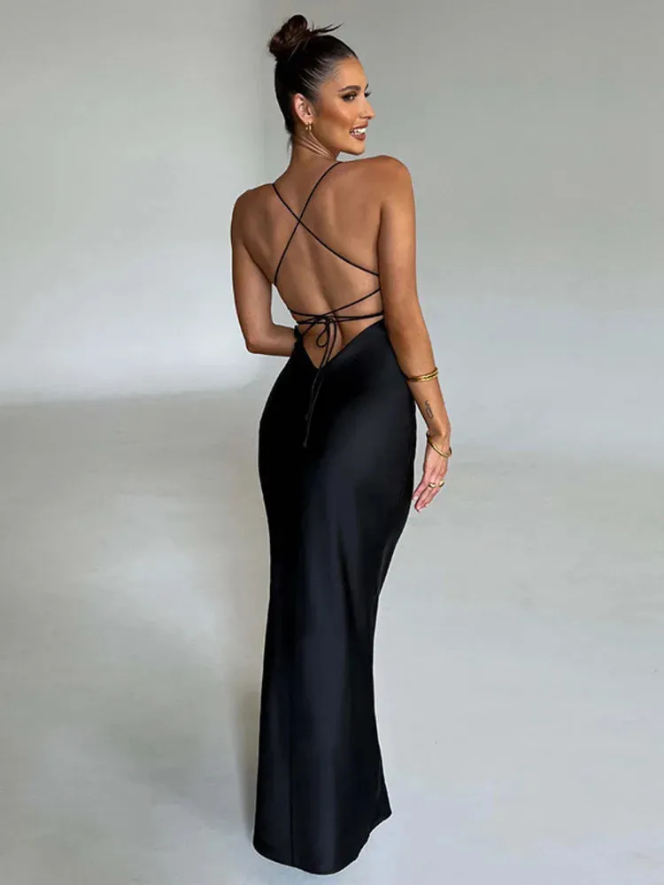 Amozae Satin Backless Maxi Dress For Women 2022 Autumn New Spaghetti Strap Sleeveless Bodycon Long Dress Vestido Clubwear