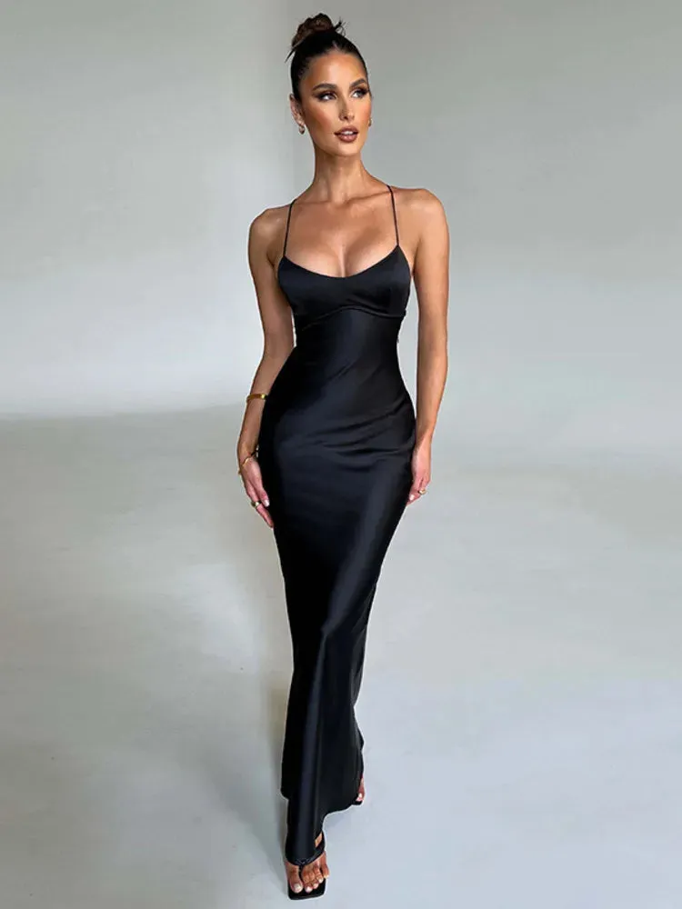 Amozae Satin Backless Maxi Dress For Women 2022 Autumn New Spaghetti Strap Sleeveless Bodycon Long Dress Vestido Clubwear