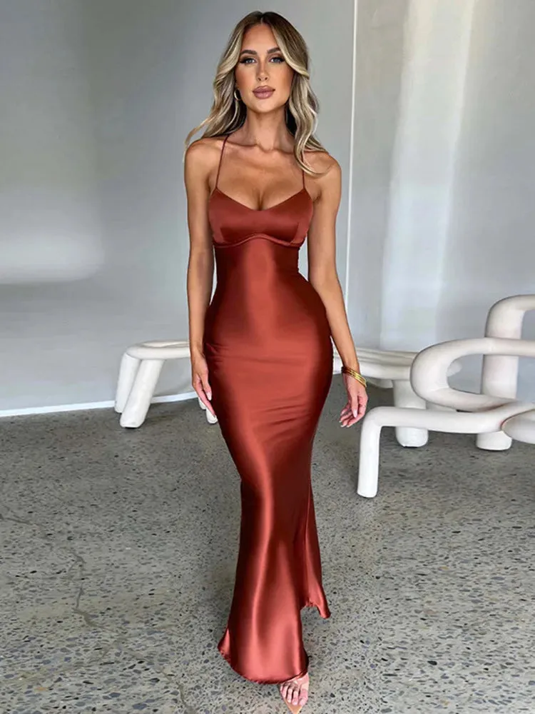 Amozae Satin Backless Maxi Dress For Women 2022 Autumn New Spaghetti Strap Sleeveless Bodycon Long Dress Vestido Clubwear