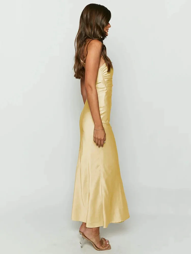 Amozae-Satin Diagonal Collar Backless Maxi Dress For Women Robe Summer New Sleeveless Bodycon Club Party Sexy Long Dress