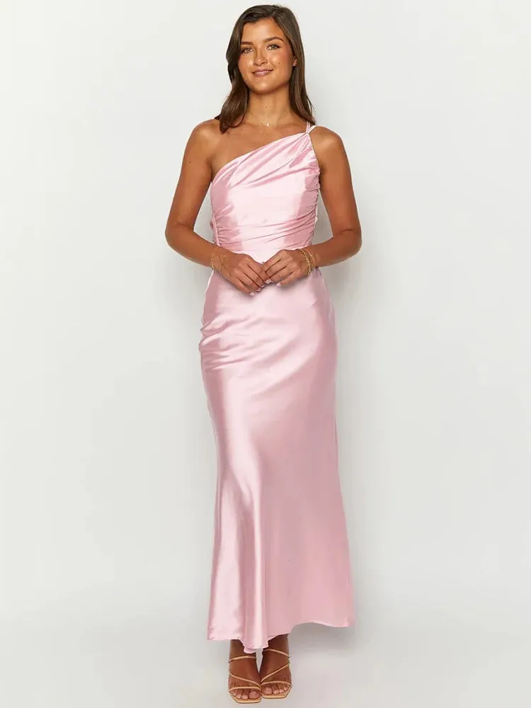 Amozae-Satin Diagonal Collar Backless Maxi Dress For Women Robe Summer New Sleeveless Bodycon Club Party Sexy Long Dress