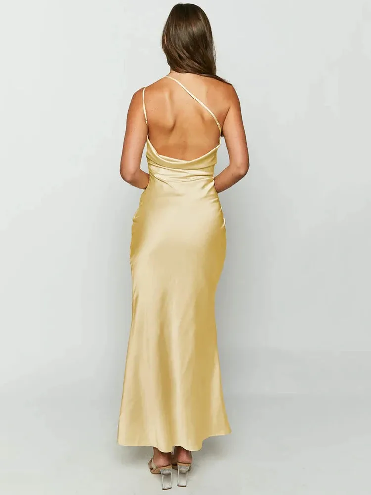 Amozae-Satin Diagonal Collar Backless Maxi Dress For Women Robe Summer New Sleeveless Bodycon Club Party Sexy Long Dress