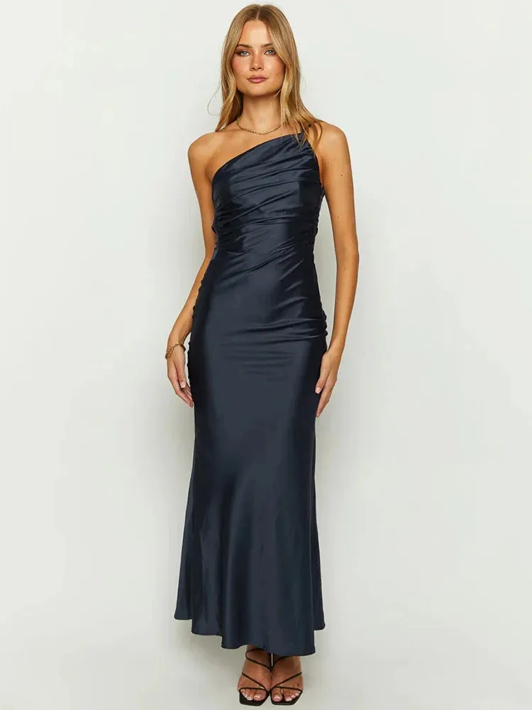 Amozae-Satin Diagonal Collar Backless Maxi Dress For Women Robe Summer New Sleeveless Bodycon Club Party Sexy Long Dress