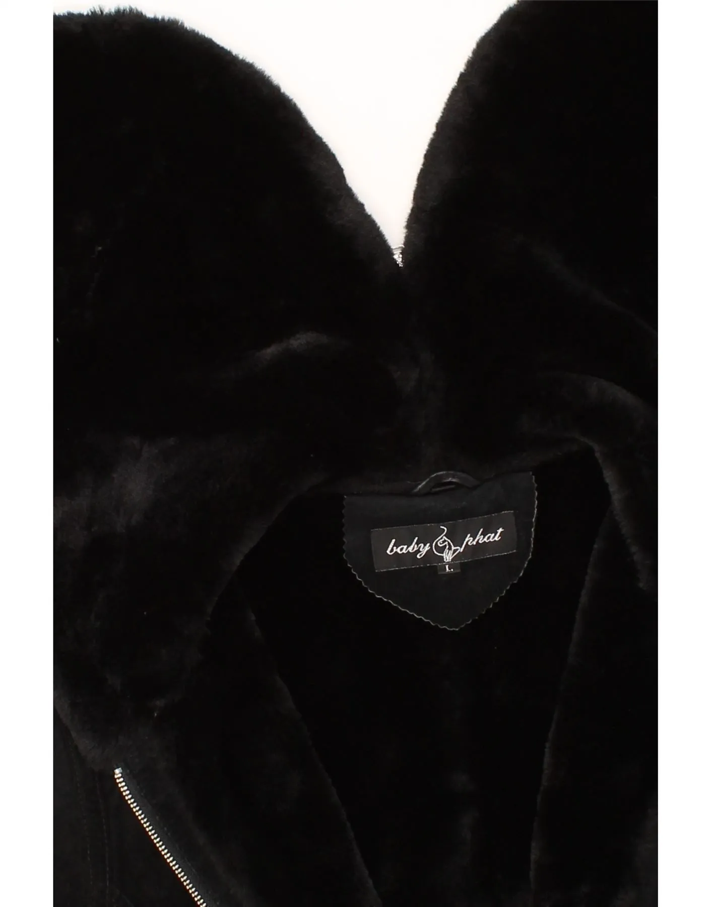 BABY PHAT Womens Hooded Sherpa Leather Jacket UK 14 Large Black Leather