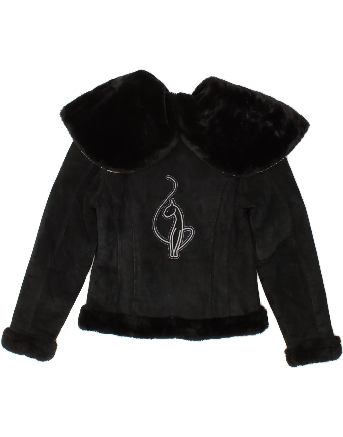 BABY PHAT Womens Hooded Sherpa Leather Jacket UK 14 Large Black Leather