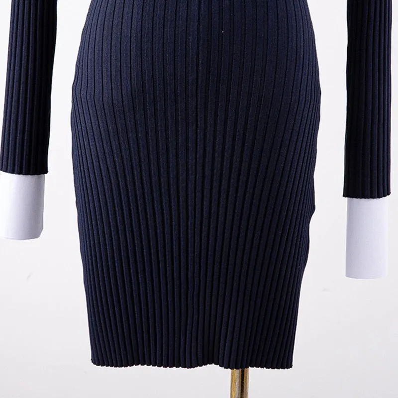 Backless Patchwork Chains For Women Turtleneck Long Sleeve High Waist Knitted Slim Dresses Female Fashion