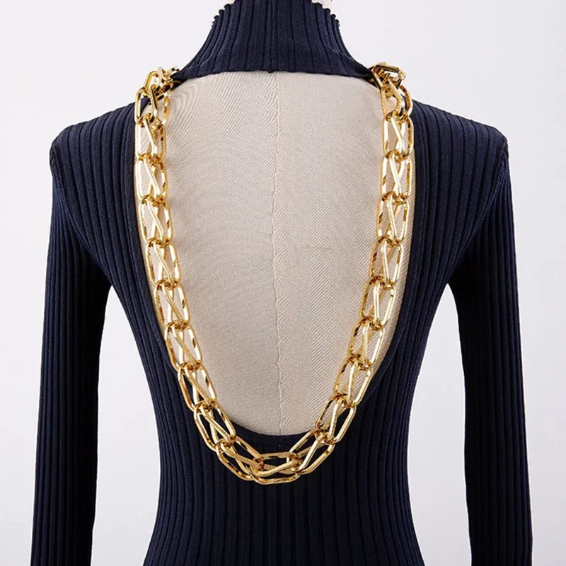 Backless Patchwork Chains For Women Turtleneck Long Sleeve High Waist Knitted Slim Dresses Female Fashion