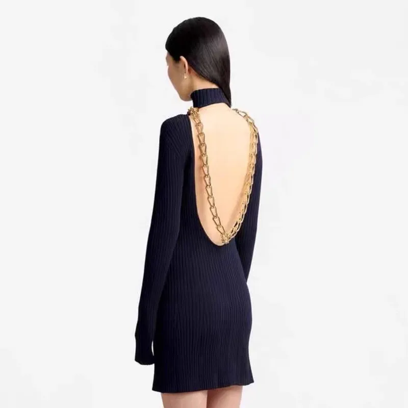Backless Patchwork Chains For Women Turtleneck Long Sleeve High Waist Knitted Slim Dresses Female Fashion