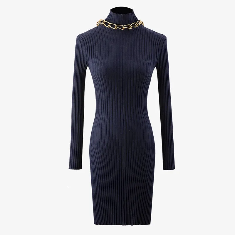Backless Patchwork Chains For Women Turtleneck Long Sleeve High Waist Knitted Slim Dresses Female Fashion