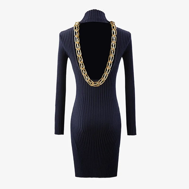 Backless Patchwork Chains For Women Turtleneck Long Sleeve High Waist Knitted Slim Dresses Female Fashion