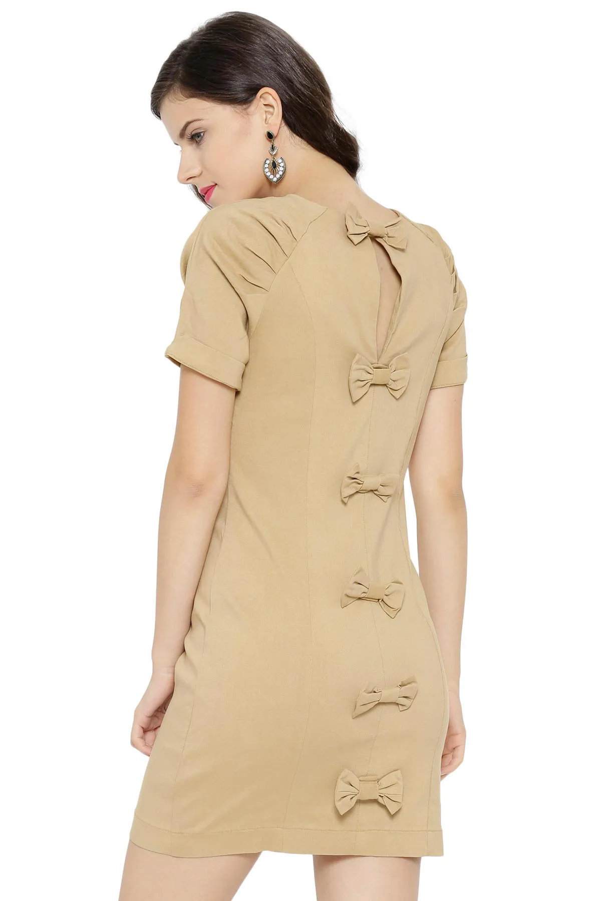 Beige Bodycon Dress With Back Bows